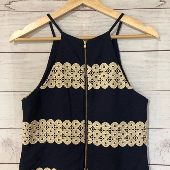 Lilly Pulitzer Preppy Annabelle Navy & Gold Embroidered High Neck Shift Dress 4 - Picture 6 of 7